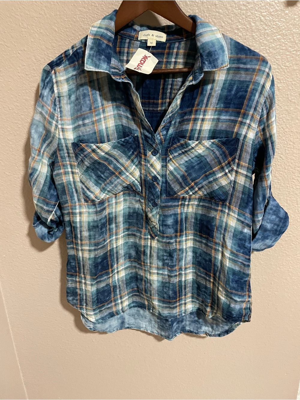 cloth & stone Indigo Plaid Cotton Pullover Shirt NEW